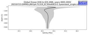 Global Ocean 65N to 65S Salinity vs depth