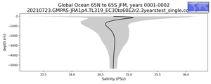 Global Ocean 65N to 65S Salinity vs depth