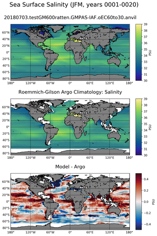 JFM Model Salinity compared with Argo observations