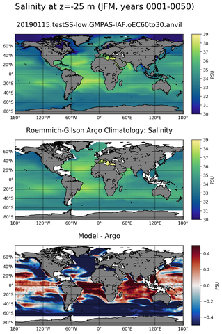 JFM Model Salinity compared with Argo observations
