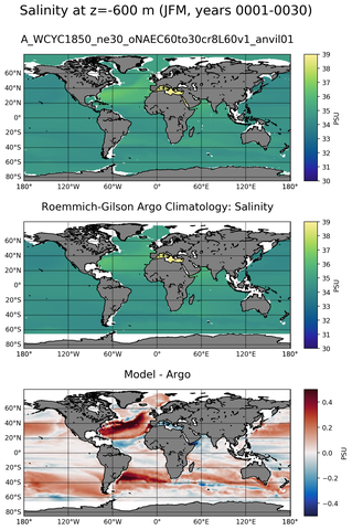 JFM Model Salinity compared with Argo observations