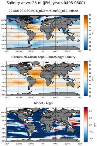 JFM Model Salinity compared with Argo observations
