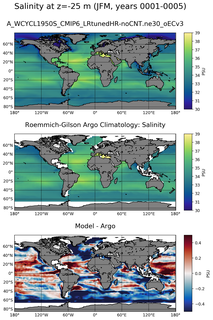 JFM Model Salinity compared with Argo observations