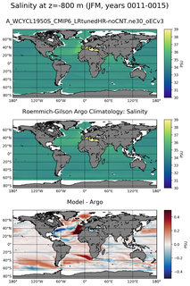 JFM Model Salinity compared with Argo observations