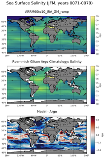 JFM Model Salinity compared with Argo observations