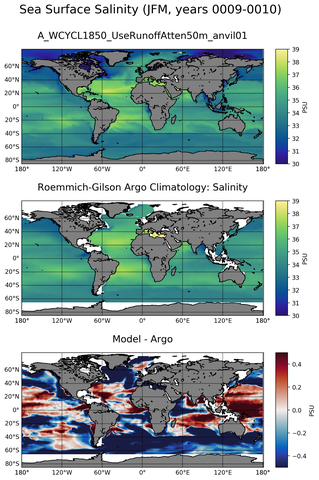 JFM Model Salinity compared with Argo observations