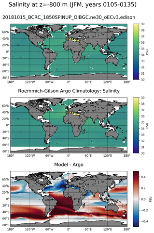 JFM Model Salinity compared with Argo observations