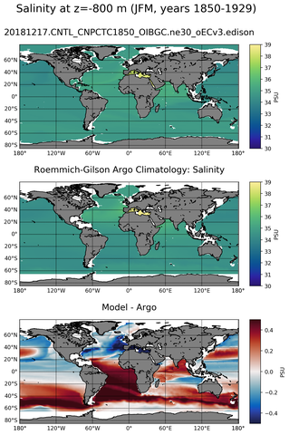 JFM Model Salinity compared with Argo observations
