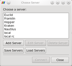 Choose server dialog with list of server names above and buttons below