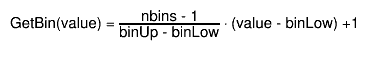GetBin(value) = #frac{nbins - 1}{binUp - binLow} #upoint (value - binLow) +1