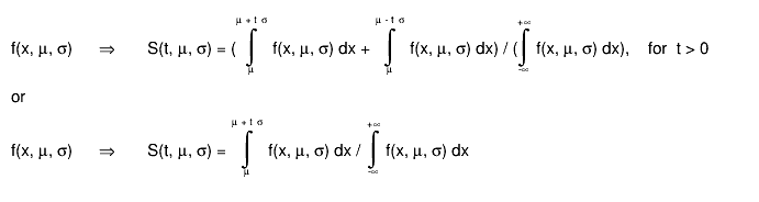 f(x, #mu, #sigma)     #Rightarrow       S(t, #mu, #sigma) = (#int_{#mu}^{#mu + t #sigma} f(x, #mu, #sigma) dx + #int_{#mu}^{#mu - t #sigma} f(x, #mu, #sigma) dx) / (#int_{-#infty}^{+#infty} f(x, #mu, #sigma) dx),    for  t > 0