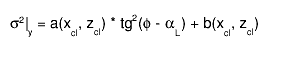 #sigma^{2}|_{y} = a(x_{cl}, z_{cl}) * tg^{2}(#phi - #alpha_{L}) + b(x_{cl}, z_{cl})