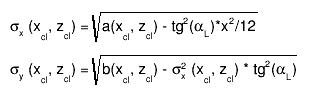 #sigma_{x} (x_{cl}, z_{cl}) = #sqrt{a(x_{cl}, z_{cl}) - tg^{2}(#alpha_{L})*x^{2}/12}