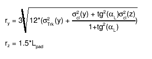 r_{y} = 3*#sqrt{12*(#sigma^{2}_{Trk}(y) + #frac{#sigma^{2}_{cl}(y) + tg^{2}(#alpha_{L})#sigma^{2}_{cl}(z)}{1+tg^{2}(#alpha_{L})})}