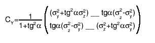 C_{Y}=#frac{1}{1+tg^{2}#alpha} #(){#splitline{(#sigma_{y}^{2}+tg^{2}#alpha#sigma_{z}^{2}) __ tg#alpha(#sigma_{z}^{2}-#sigma_{y}^{2})}{tg#alpha(#sigma_{z}^{2}-#sigma_{y}^{2}) __ (#sigma_{z}^{2}+tg^{2}#alpha#sigma_{y}^{2})}}