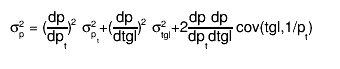 #sigma_{p}^{2} = (#frac{dp}{dp_{t}})^{2} #sigma_{p_{t}}^{2}+(#frac{dp}{dtgl})^{2} #sigma_{tgl}^{2}+2#frac{dp}{dp_{t}}#frac{dp}{dtgl} cov(tgl,1/p_{t})