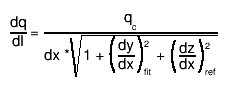 #frac{dq}{dl} = #frac{q_{c}}{dx * #sqrt{1 + #(){#frac{dy}{dx}}^{2}_{fit} + #(){#frac{dz}{dx}}^{2}_{ref}}}