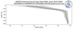 ISMIP6 Greenland South East Shelf Salinity vs depth