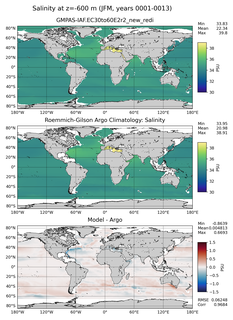 JFM Model Salinity compared with Argo observations