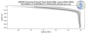 ISMIP6 Greenland South East Shelf Salinity vs depth