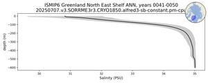 ISMIP6 Greenland North East Shelf Salinity vs depth