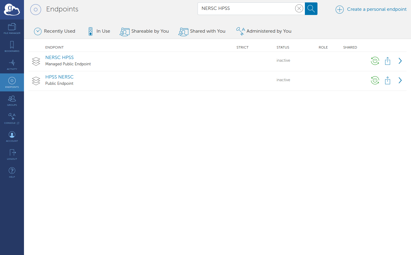 Globus screenshot, NERSC HPSS endpoint