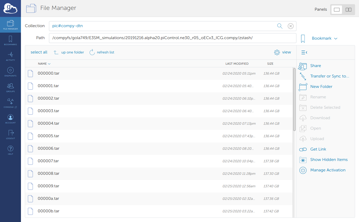 Globus screenshot, file manager