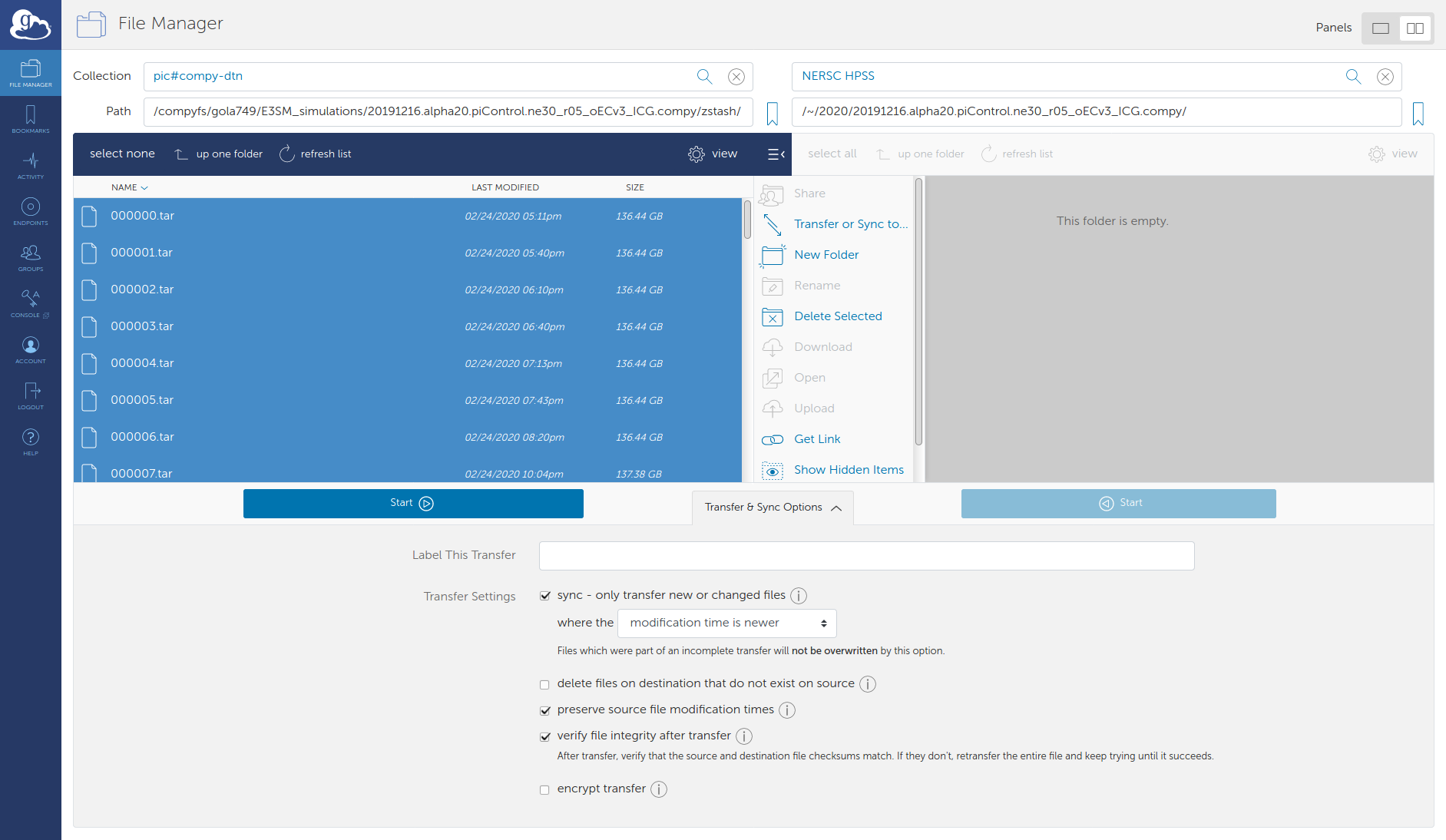 Globus screenshot, sync