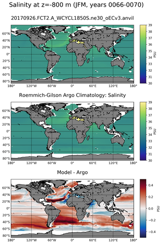 JFM Model Salinity compared with Argo observations