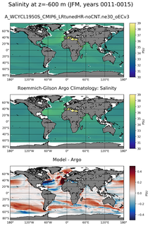 JFM Model Salinity compared with Argo observations