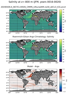 JFM Model Salinity compared with Argo observations