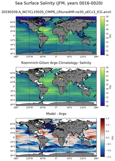 JFM Model Salinity compared with Argo observations
