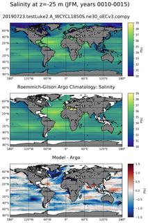 JFM Model Salinity compared with Argo observations