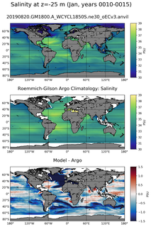 Jan Model Salinity compared with Argo observations