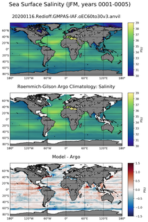 JFM Model Salinity compared with Argo observations
