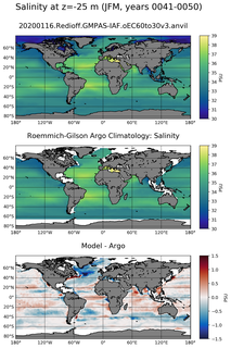 JFM Model Salinity compared with Argo observations