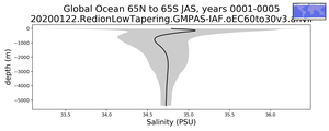 Global Ocean 65N to 65S Salinity vs depth