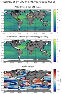 JFM Model Salinity compared with Argo observations
