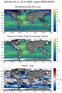 JFM Model Salinity compared with Argo observations