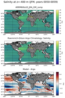 JFM Model Salinity compared with Argo observations