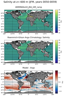 JFM Model Salinity compared with Argo observations