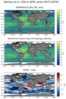 JFM Model Salinity compared with Argo observations