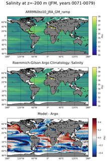 JFM Model Salinity compared with Argo observations