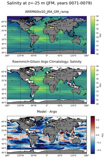 JFM Model Salinity compared with Argo observations