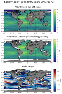 JFM Model Salinity compared with Argo observations