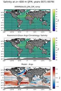 JFM Model Salinity compared with Argo observations