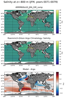 JFM Model Salinity compared with Argo observations
