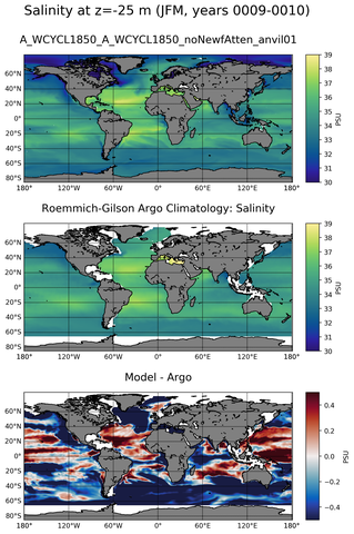 JFM Model Salinity compared with Argo observations