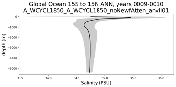 Global Ocean 15S to 15N Salinity vs depth