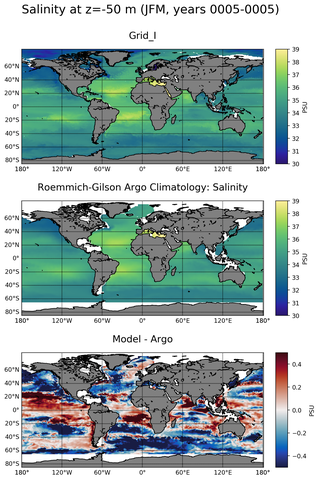 JFM Model Salinity compared with Argo observations